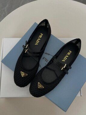 New Prada Mesh Mary Jane Flats with Triangle Logo - Black